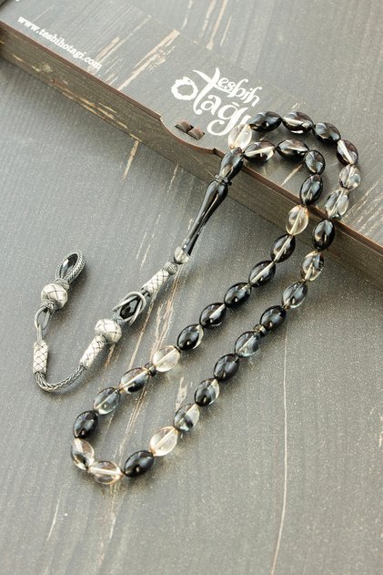 Silver Kazaz Tasseled Barley Cut Fire Amber Rosary