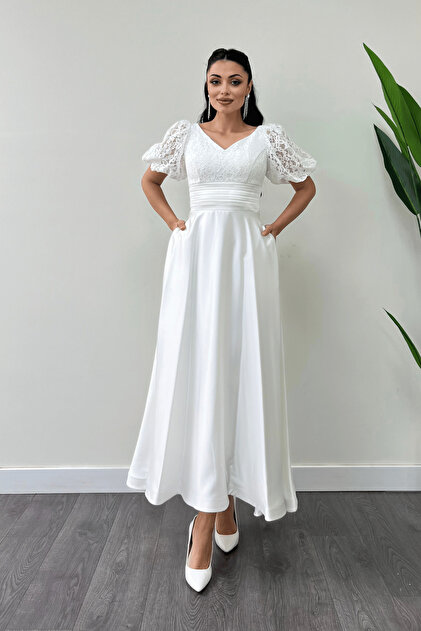 giyimmasal White Midi Dress - Top Lace and Bottom Satin Detail- Trendyol giyimmasal White Midi Dress - Top Lace and Bottom Satin Detail- Trendyol