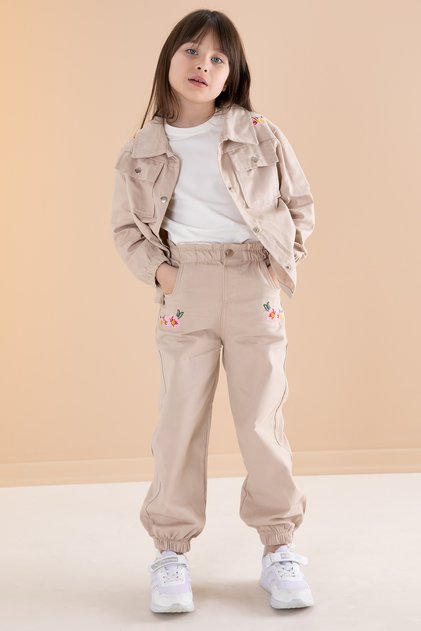 Beige Embroidery Detailed Shirt and Trousers Girl's 3 Piece Suit 20159