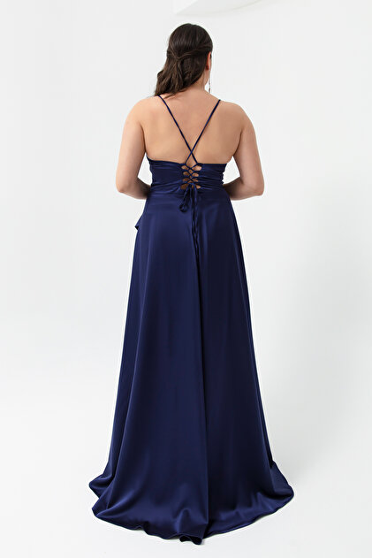 slim fit dress slacks Strapless Navy Blue Satin Layered Long Prom Dresses with Belt, Navy Blue  Formal Graduation Evening Dresses SP2215 main image 1