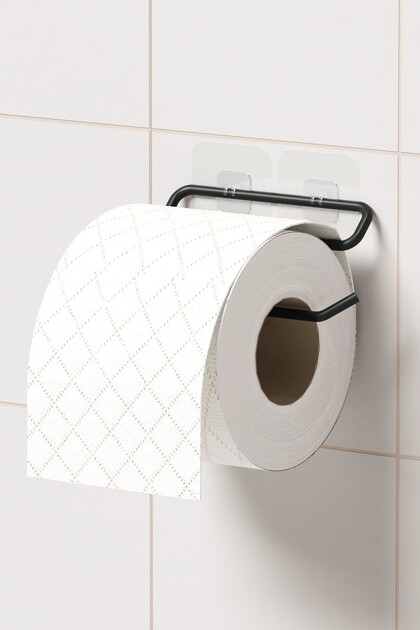 Black Metal Toilet - Paper Holder, Hanger Mat, Adhesive Minimal Design
