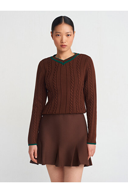 10687 V-Neck Striped Hair Knit Sweater-Coffee-Y.