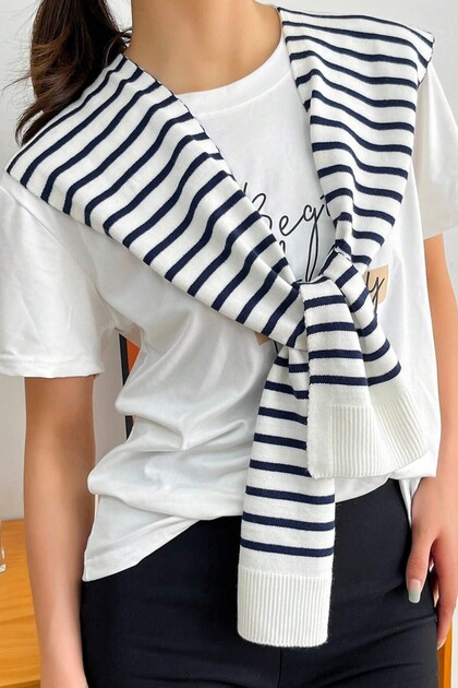 100% Acrylic Knitwear Knitted Office and Casual Fashion Shoulder Shawl Ecru Ground with Stripes