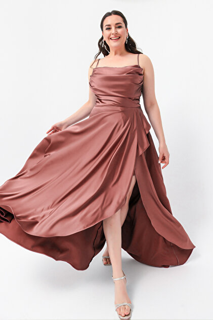 Lafaba Women's Salmon Flounce Slit Plus Size Satin Evening Dress Graduation Dress- Trendyol Lafaba Women's Salmon Flounce Slit Plus Size Satin Evening Dress Graduation Dress- Trendyol