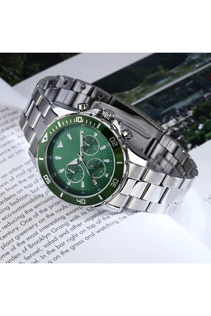Analok Ekran Dönen Bezel Gümüş Kordon Yeşil Kadran Erkek Kol Saati