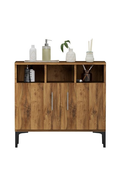 Medium Height Cabinet with 2 Door Storage and 3 Open Shelf-Dark Hunton Oak