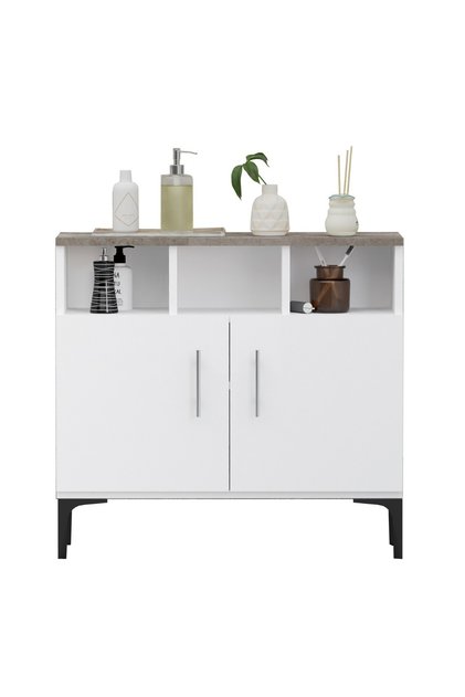 Cabinet with 2 Door Storage and 3 Open Shelf-Dark Grey Chicago Concrete and Premium White