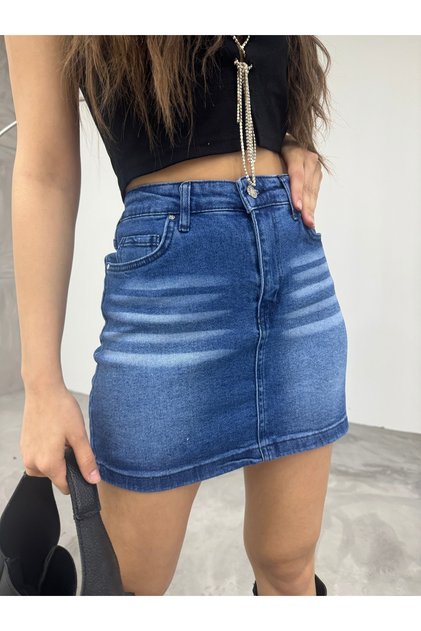 Distressed Faded Effect Vintage High Waist Mini Denim Skirt