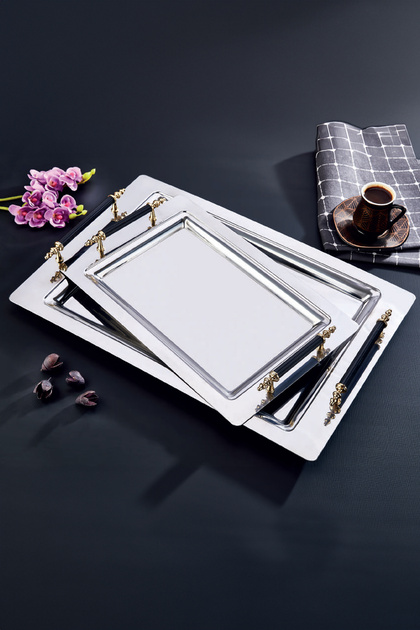 Gold 2-Piece Stainless Steel Silver Presenter Tea Coffee Tray Gold Black Detailed Serving Tray