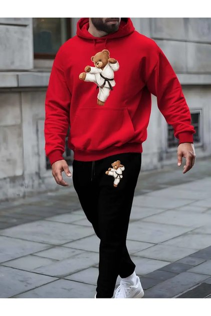 Men's Taekwondo Bear Printed Hoodie & Sweatpants Set - Hooded Tracksuit Set