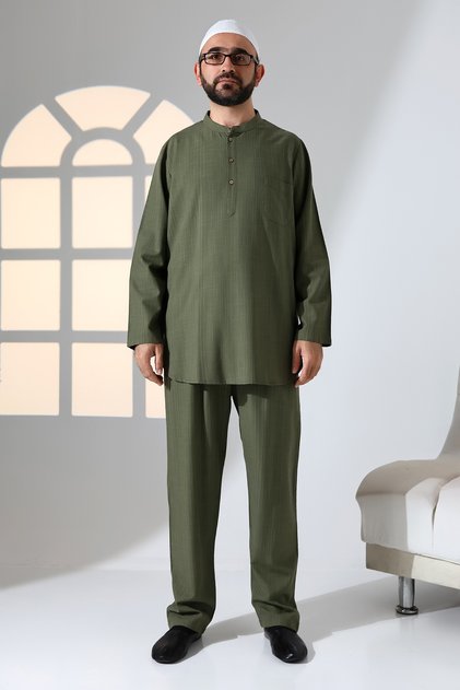 Men's Single Pocket Prevailing Collar Shirt Pants Linen Double Suit Hajj Umrah Outfit - Khaki