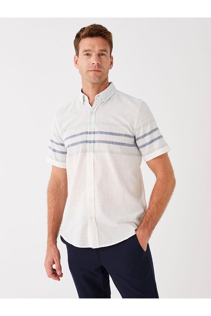 White Regular Fit Short Sleeve Striped Men's Shirt