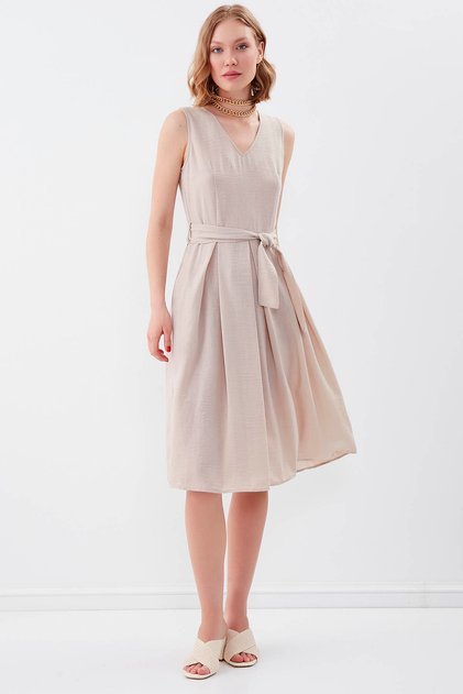 V-Neck Pleated Tie Waist Dress
