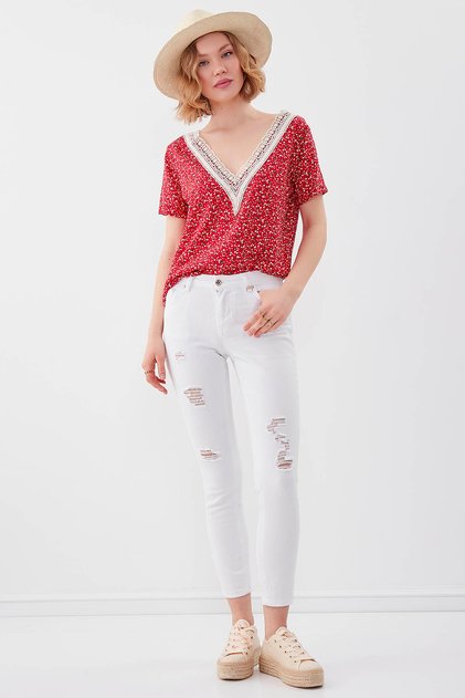 Beyaz Yırtık Skinny Denim Pantolon