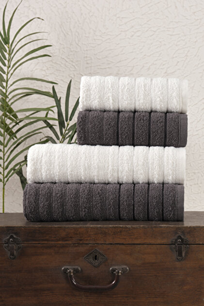 Set of 4 Wave Bath Towel Set Anthracite Cream