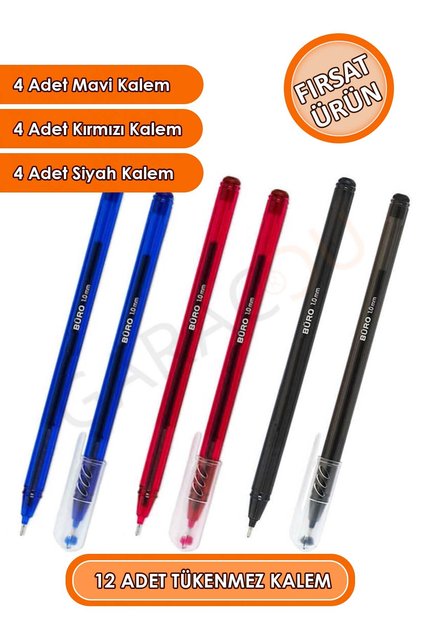 12 Pcs Quality Ballpoint Pens 4 Blue Pens, 4 Red Pens, 4 Black Pens Total 12 Pcs