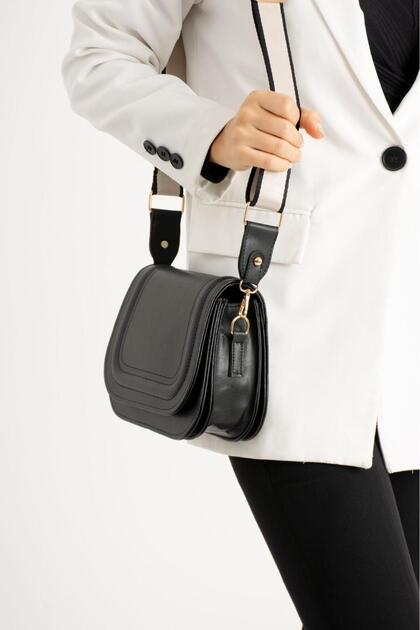 Canvas Strapped Flap Bag Black