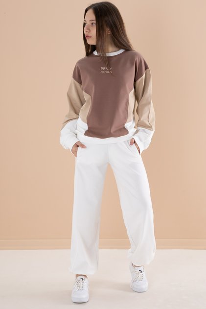 Ecru Angels Written Crew Neck Girls' Tracksuit Set 19977