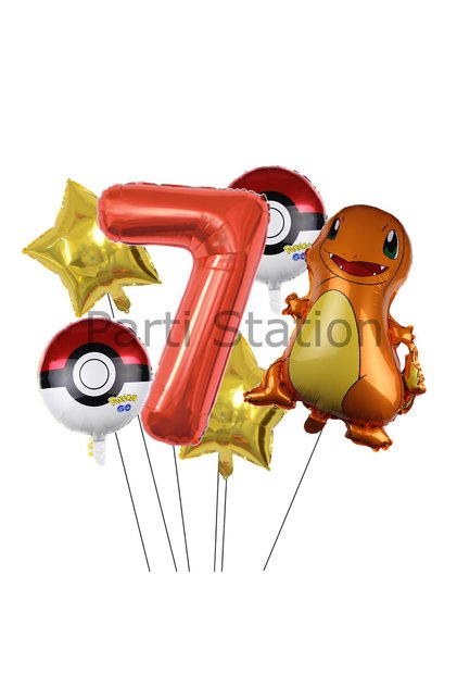 Pokemon Charizard Konsept 7 Yaş Balon Set Pokemon Çarizart Doğum Günü Yıldız Folyo Balon Set