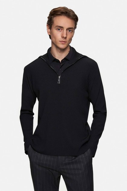 Slim Fit Siyah Kazak
