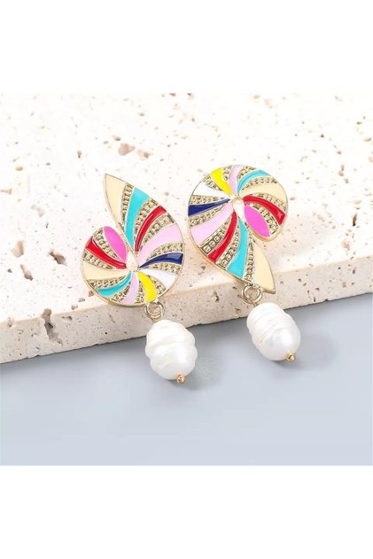 Colorful Asymmetric Mermaid Shell Earrings with Pearls