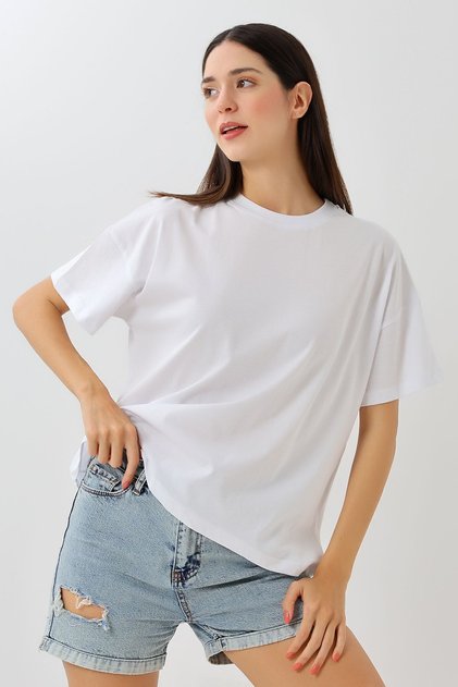 Women's White Oversized Crew Neck Short Sleeve Cotton Basic T-Shirt