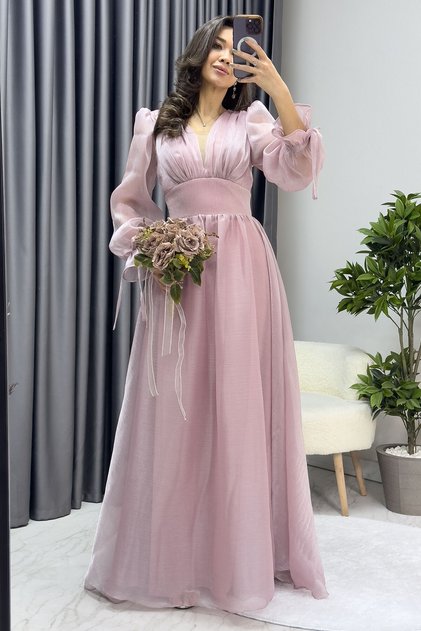 Asymmetrical Skirt Puff Sleeve Princess V-Neck Evening Dress Emerald Green, Black, Cream, Powder Pink, Petrol Blue