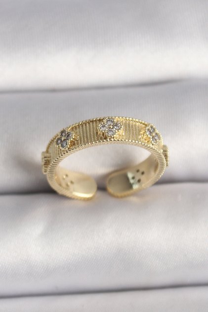 Brass Gold Color Zircon Stone Clover Embroidered Adjustable Ring