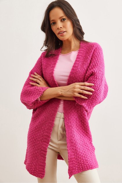 Women's Fuchsia Honeycomb Soft Textured Knitwear Cardigan Hrk- 19000328