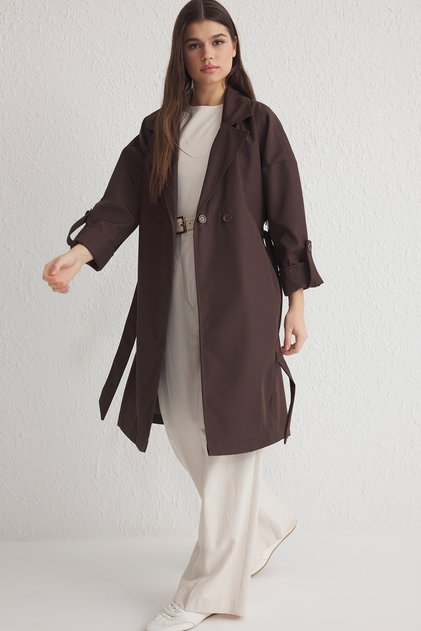 Brown Oversized Belted Trench Coat TWOAW24TR00019