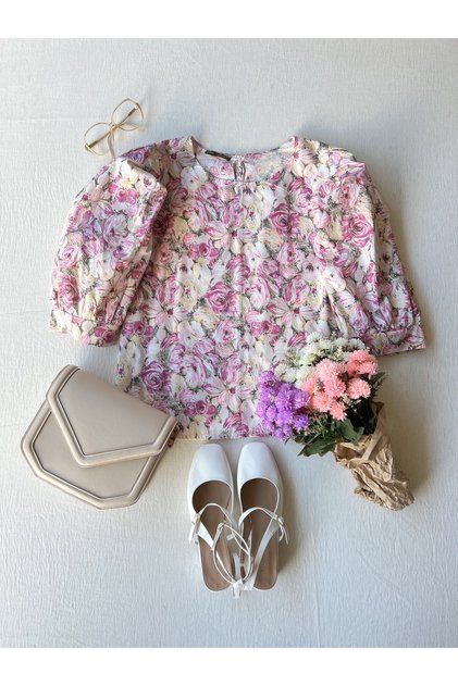 Pastel Print Balloon Sleeve Poplin Blouse and Girls' Flared Dress