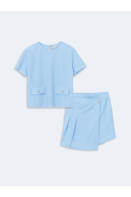 Crew Neck Girls Tweed Blouse and Shorts Skirt
