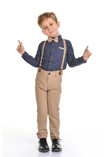 Boy's 4-Piece Set Shirt, Pants, Bow Tie and Salopet Pants Suspender