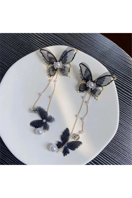 Black Organza Fabric Butterfly and Pearl Design Earrings