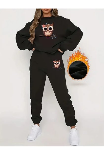 Women's Owl Printed Tracksuit Set - Crew Neck Sweat Bottom Top Suit
