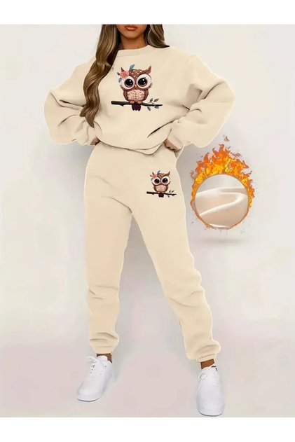 Women's Owl Printed Tracksuit Set - Crew Neck Sweat Bottom Top Suit