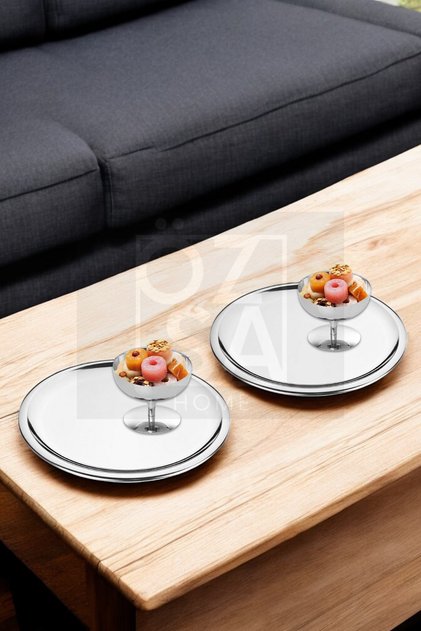 4 Pieces Presentation Set Steel 21cm Round Tea Coffee Serving Presentation Tray and Turkish Delight Bowl Ice Cream