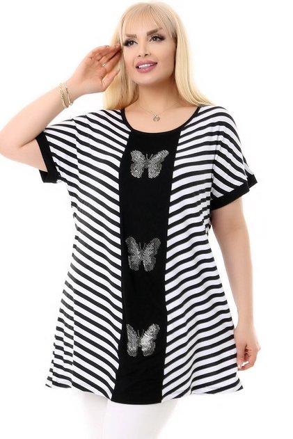 Round Neck Front Butterfly Stone Embroidered Short Sleeve Bias Striped Blocked Comfortable and Flowy Stylish Blouse