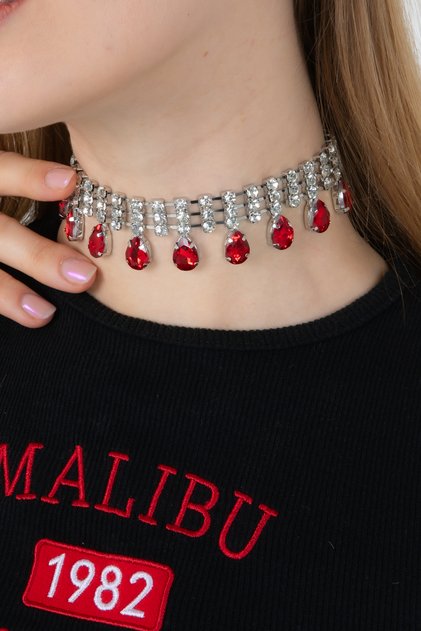 Women's Elegante Model Red Color Drop Stone Detailed 3 Row Zircon Choker Necklace Special Day Engagement Wedding