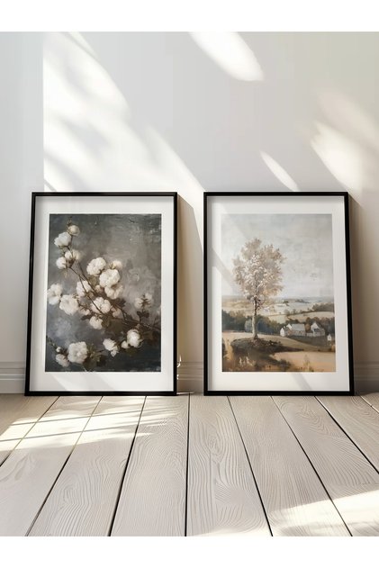 Siyah ahşap çerçeveli 2'li yağlıboya efektli vintage manzara tablo yuna33