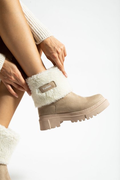 Beige Suede Fur-Trimmed Women's Boots