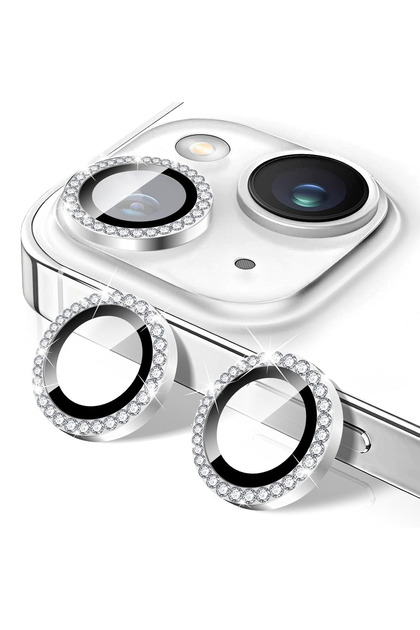 iPhone 13 & 13 Mini Taşlı Parlak Kamera Lens Koruyucu Cam ve Çerçeve Kamera Koruma Lensi Gümüş