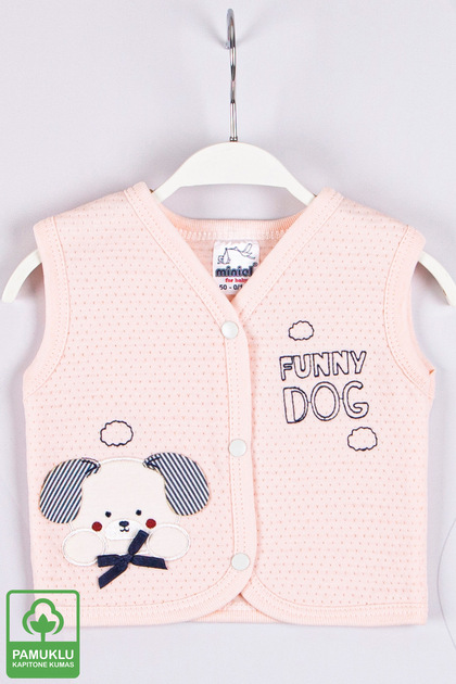 Baby Girl with Mobile Ears and Dog Embroidery Organic Cotton 1-3-6-9 Months Quilted Baby Vest - Salmon