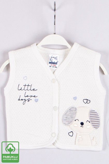 Unisex Baby Love Dogs Embroidered Organic Cotton 1-3-6-9 Months Quilted Baby Vest - Ecru