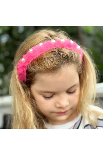 Fuchsia Pink Women's Crown - Plush Feather Metal Crown with Pearls