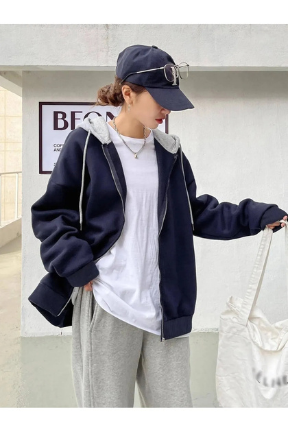 Çift Renk Büyük Beden Baskısız 3 iplik Oversize Ceket - Hırka