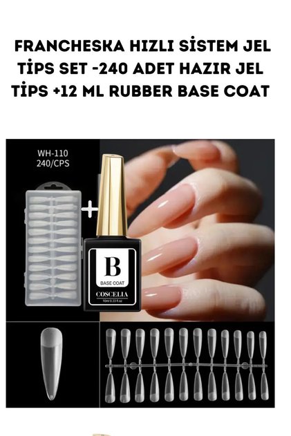 HIZLI SİSTEM JEL TİPS SET -240 ADET HAZIR JEL TİPS +12 ML RUBBER BASE COAT