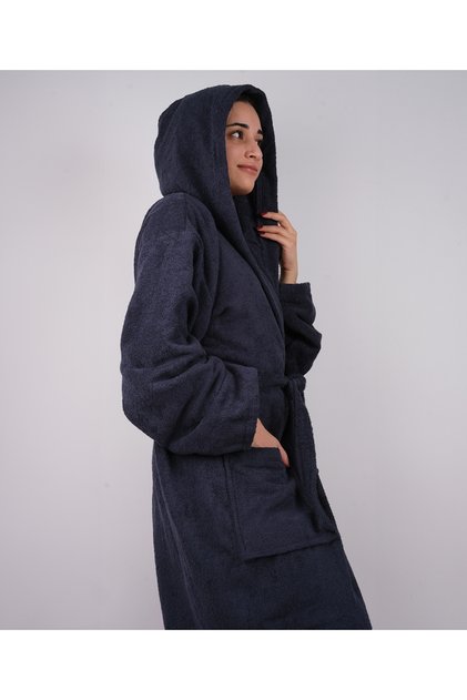 Navy Blue Colored 100% Cotton Curly Hooded Model Bathrobe (S-M-L-Xl-2Xl-3Xl-4Xl) Large and Oversized Sizes