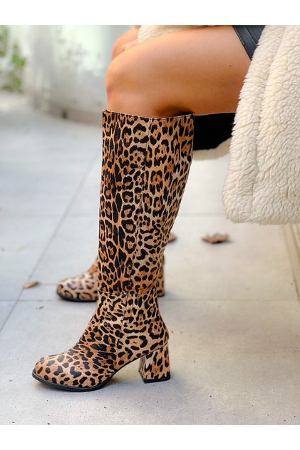 Felipe Leopard Imported Leather Below Knee Zipper Heeled Boots