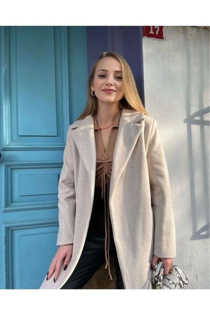 Stone Belted Long Stamped Women's Coat with Pocket Detail